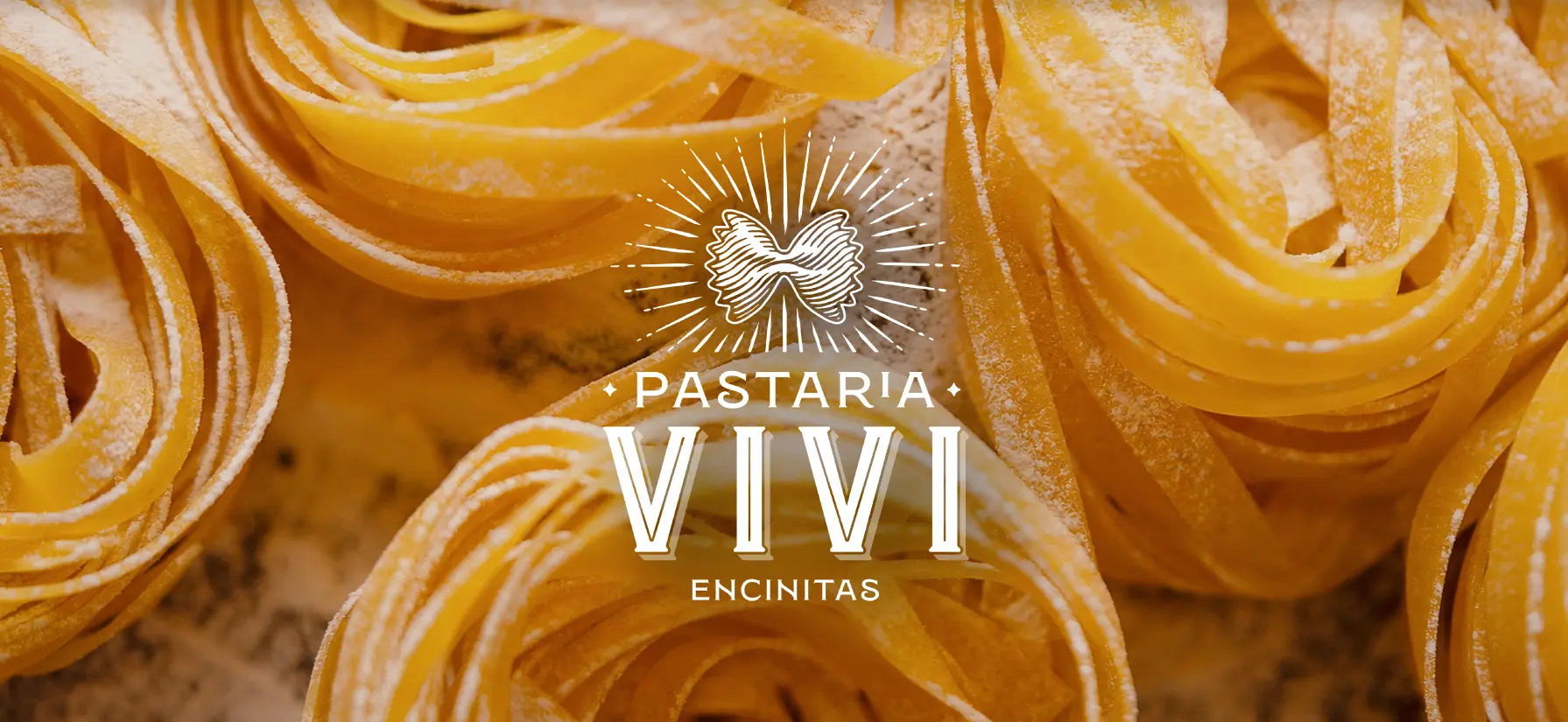 Close-up of fresh handmade pasta with a white logo overlay reading 'PASTARIA VIVI ENCINITAS' and a pasta icon in the center.