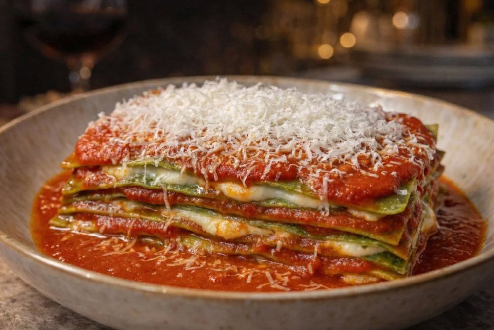 Layered lasagna with tomato sauce and grated cheese in a bowl.