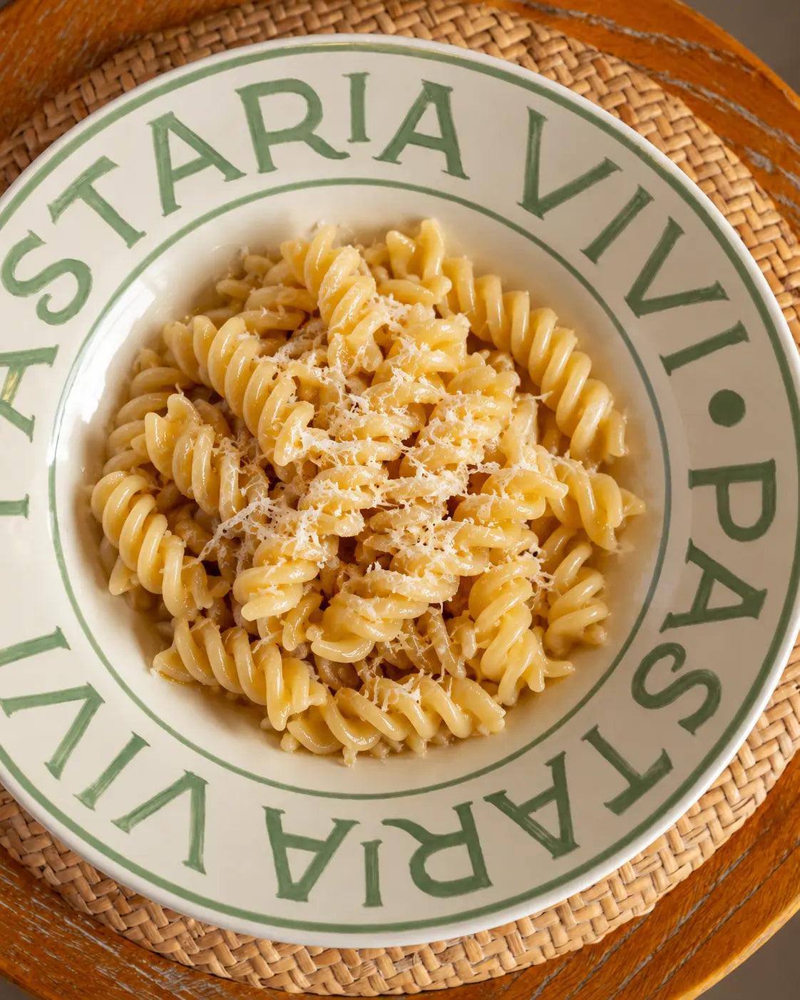 Handmade gluten-free fusilli pasta served in a Pastaria Vivi bowl, crafted fresh in Encinitas, California.