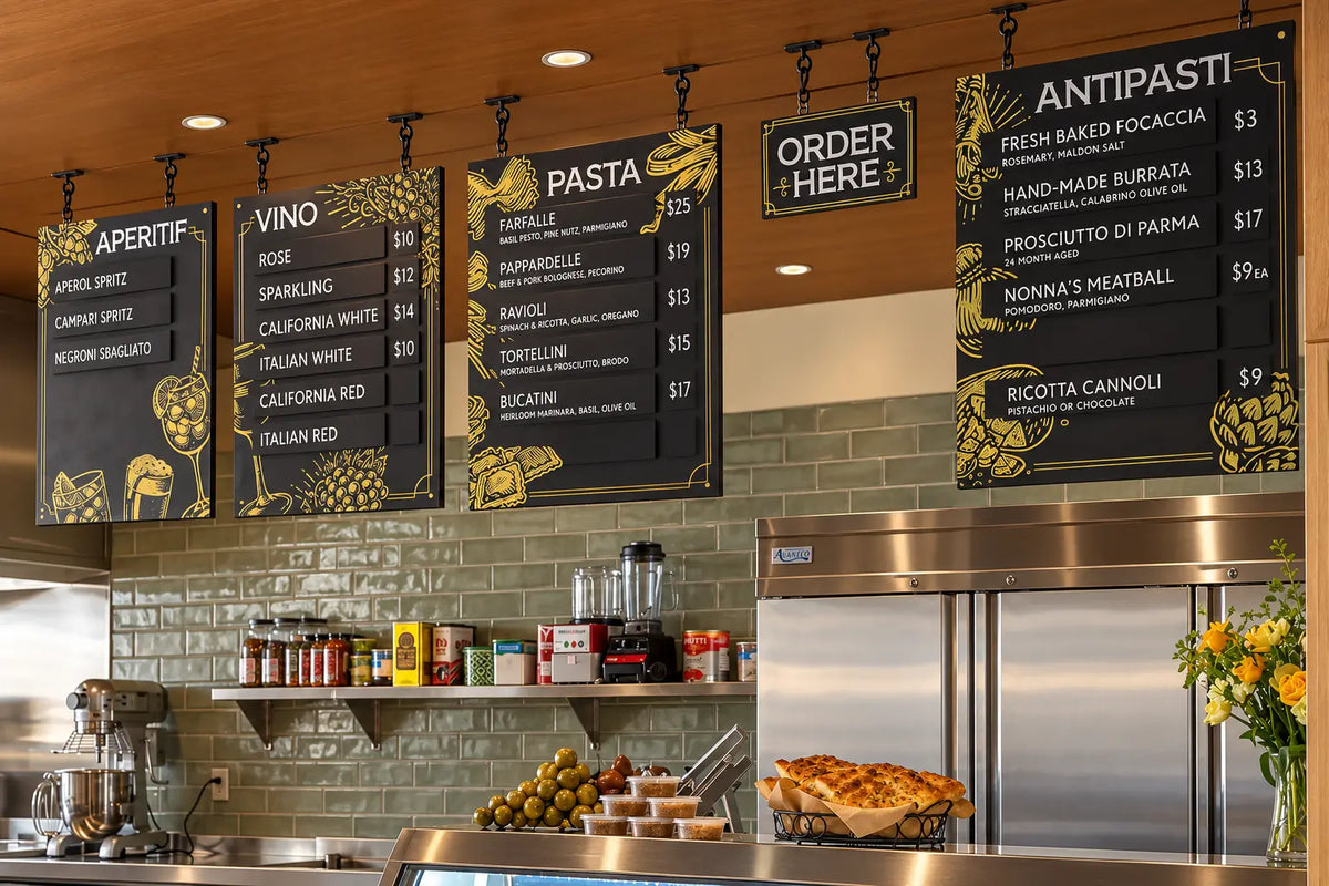 Chalkboard featuring menu items at Pastaria Vivi pasta bar and Italian market